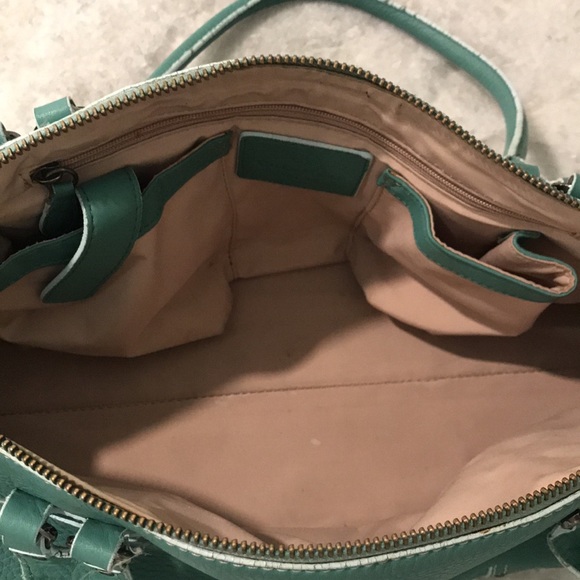 Cole Haan Leather Villager Bag Womens Teal Blue Barrel Satchel Purse - Picture 9 of 10